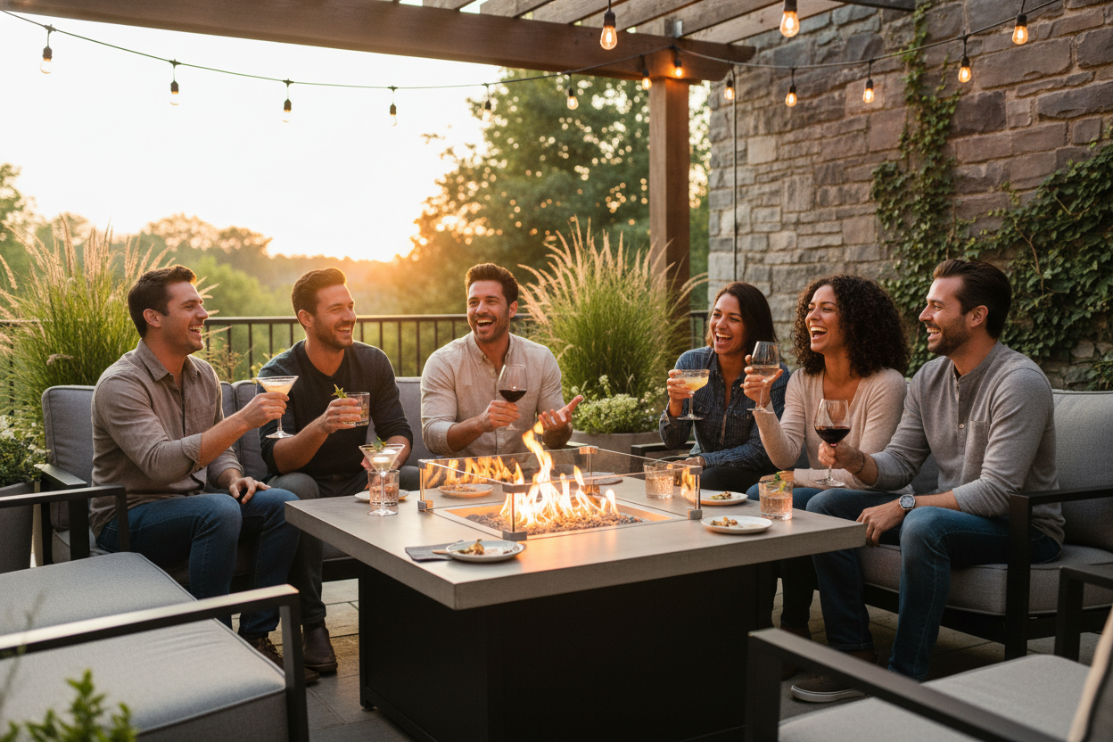 fire pit table with friends having drinks